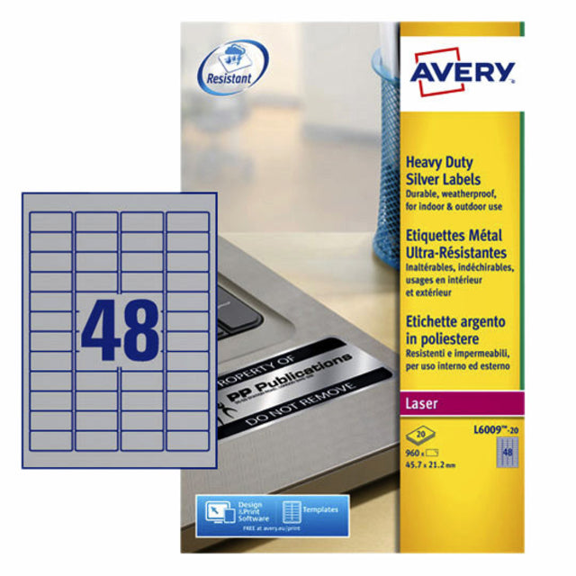 Avery Zweckform - ultra-sterke zilverkleurige etiketten ft 45,7 x 21,2 mm (b x h), 960 stuks, 48 per blad