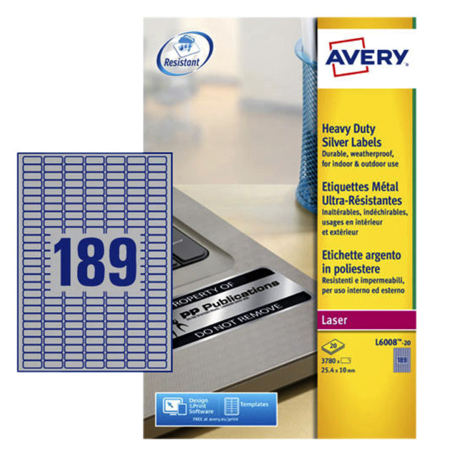 Avery - Label Avery L6008-20 25,4x10mm Silver 3780 Pièces | Blister une feuille de 20 | 5 pièces