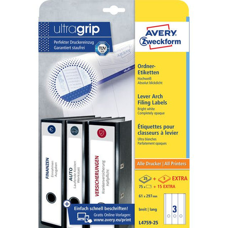 Avery Zweckform - Etiqueta trasera ancha/larga 61x297mm autoadhesiva blanca