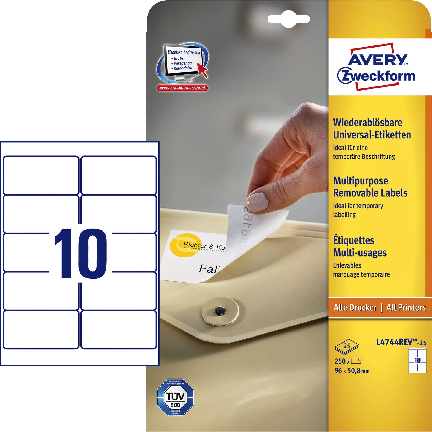 Avery Zweckform - Etiqueta Zweckform L4744REV-25 96x50.8mm removible blanco 250 piezas