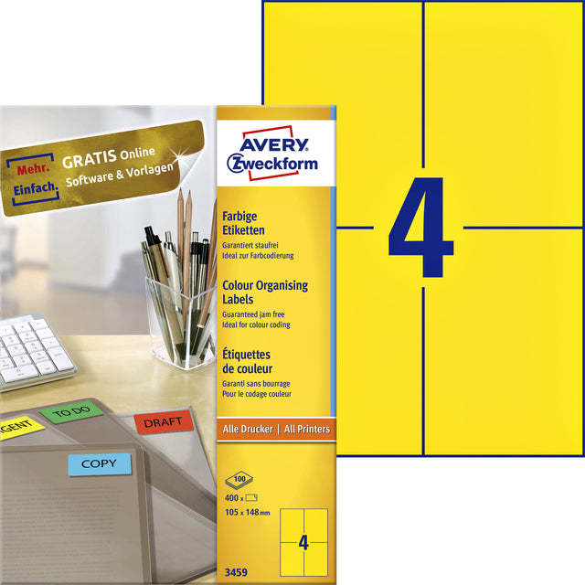 Avery Zweckform - Label AZ 3459 105x148mm A6 jaune 400 pièces | Boîter une feuille de 100