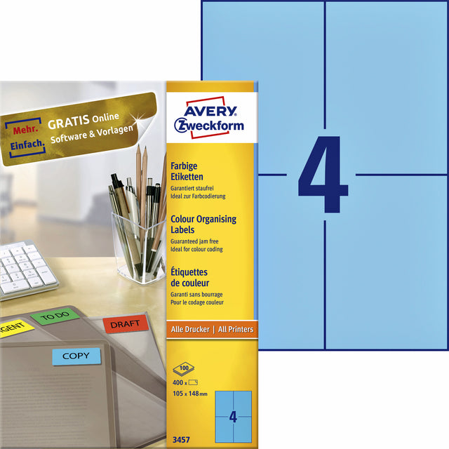 Avery Zweckform - Label AZ 3457 105x148mm A6 Blue 400 Pieces | Boîter une feuille de 100