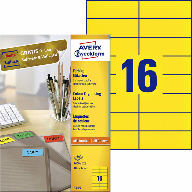 Avery Zweckform - Label AZ 3455 105x37mm jaune 1600 pièces | Boîter une feuille de 100