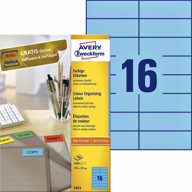 Avery Zweckform - Label AZ 3453 105x37mm Blue 1600 pièces | Boîter une feuille de 100