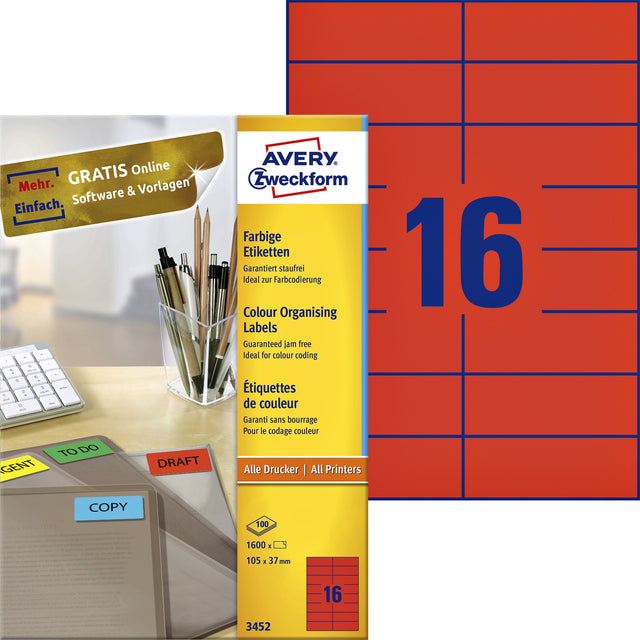 Avery Zweckform - Label AZ 3452 105x37mm Red 1600 pièces | Box A 100 feuilles | 5 pièces