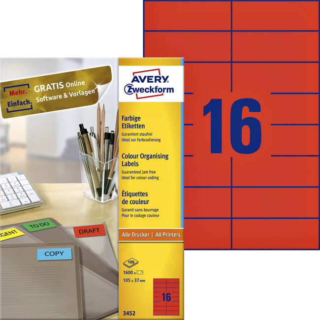 Avery Zweckform - Label Zweckform 3452 105x37mm red 1600 pieces