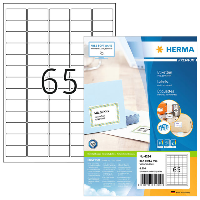 Herma - Herma 4254 Label 38.1x21.2mm Prem White 6500 Stücke