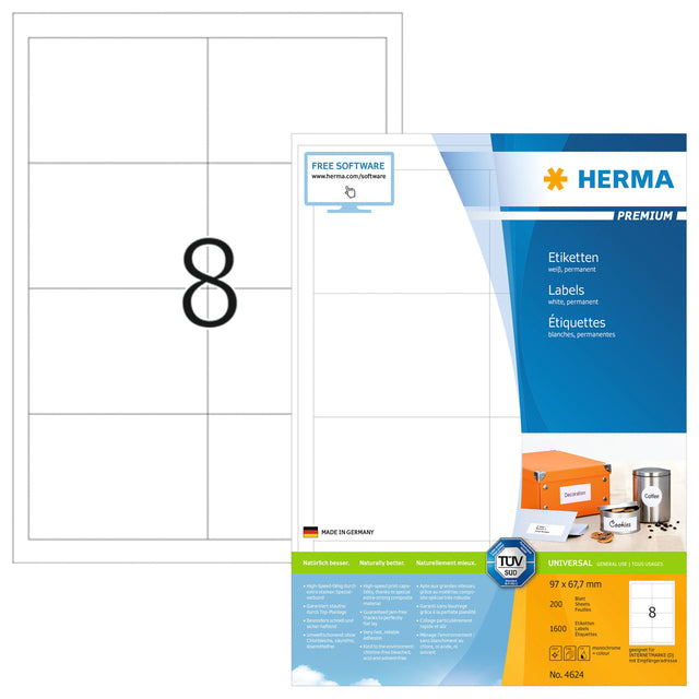 Herma - Herma 4624 Label 97x67,7 mm Premium Weiß 1600 Stücke | Blasen Sie ein 200 Blatt