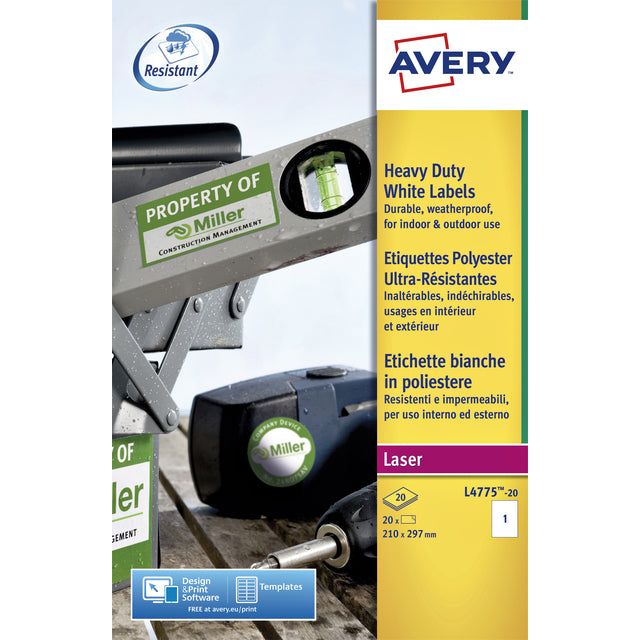 Avery - Label Avery L4775-20 210x297mm blanc 20 pièces | Pak une feuille de 20 | 5 pièces