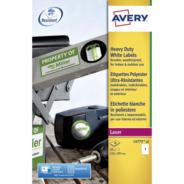Avery -  Etiket L4775-20 210x297mm polyester wit 20 etiketten