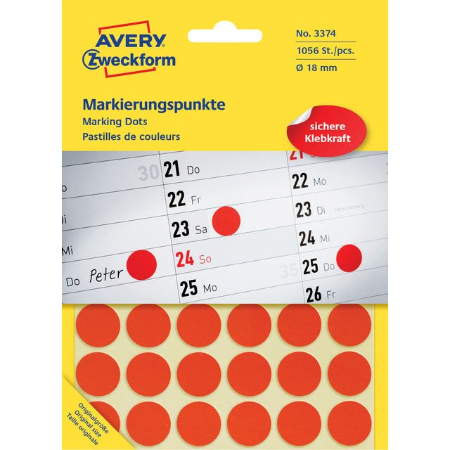 Avery Zweckform - Ronde etiketten diameter 18 mm, rood, 1.056 stuks