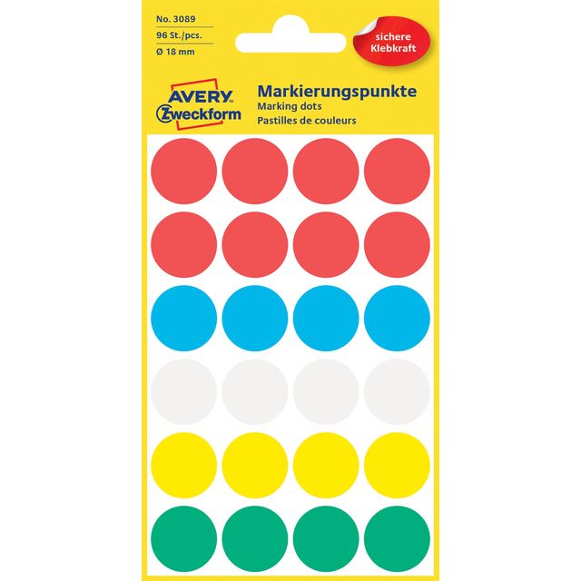 Avery Zweckform -  Etiket az 3089 rond 18mm assorti 96 stuks
