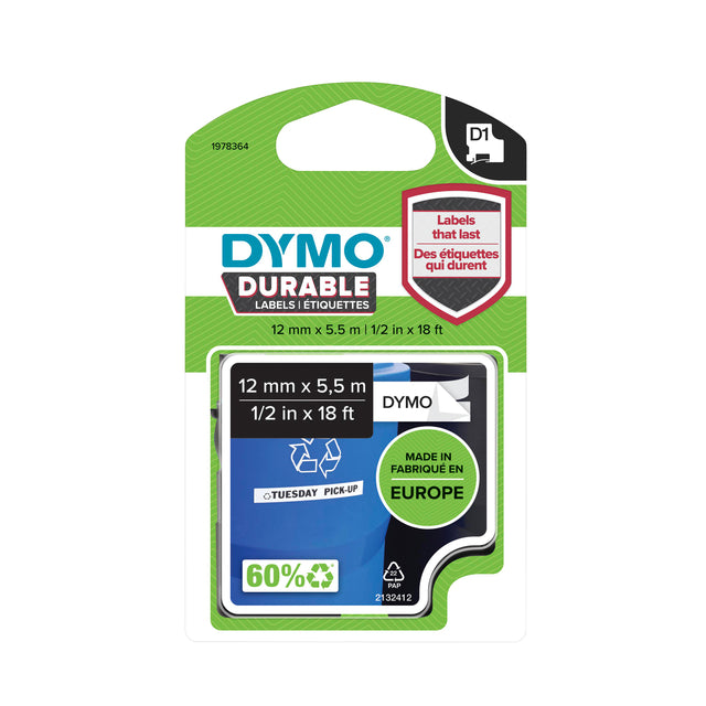 Dymo - duurzame D1 e 12 mm x 5 m, zwart op wit