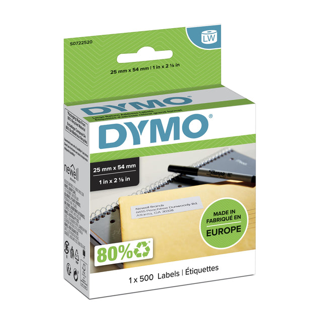 Dymo - Etiqueta LabelWriter direccionamiento 25x54mm 1 rollo de 500 piezas blanco