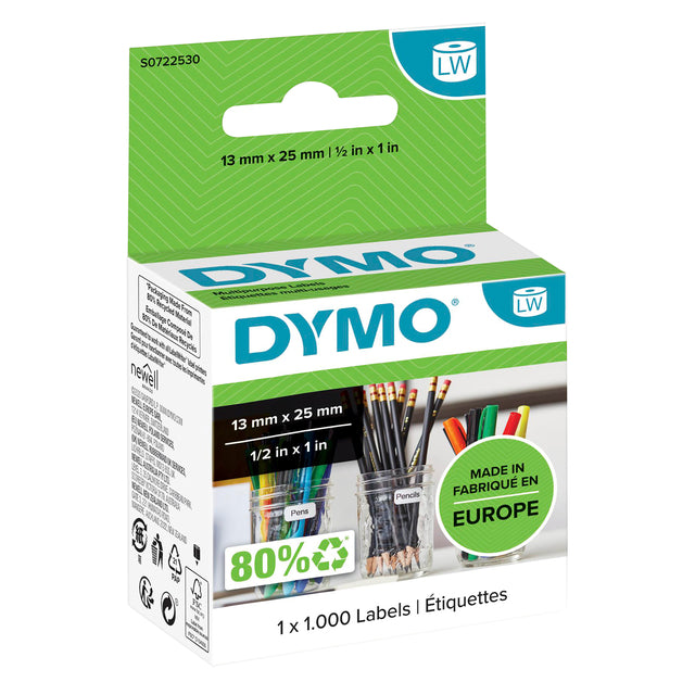 Dymo - etiketten LabelWriter ft 13 x 25 mm, verwijderbaar, wit, 1000 etiketten