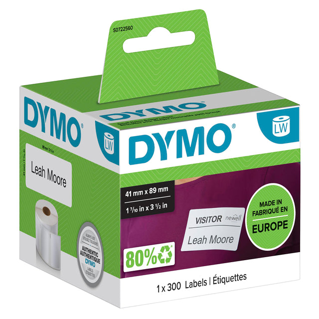 Dymo - etiketten LabelWriter ft 89 x 41 mm, verwijderbaar, wit, 300 etiketten