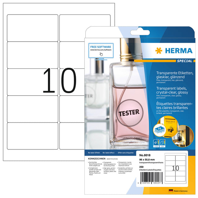 HERMA - Etiquette 8018 96x50,8mm transparente 250 étiquettes