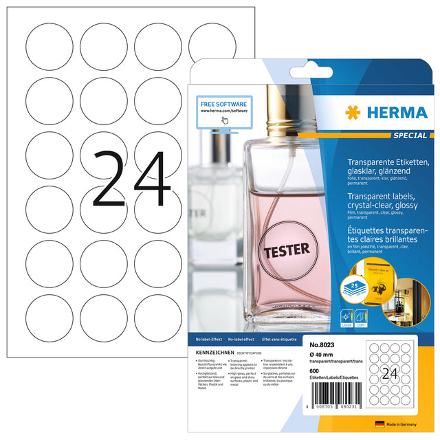 HERMA - Etiquette 8023 40mm ronde transparente 600 étiquettes