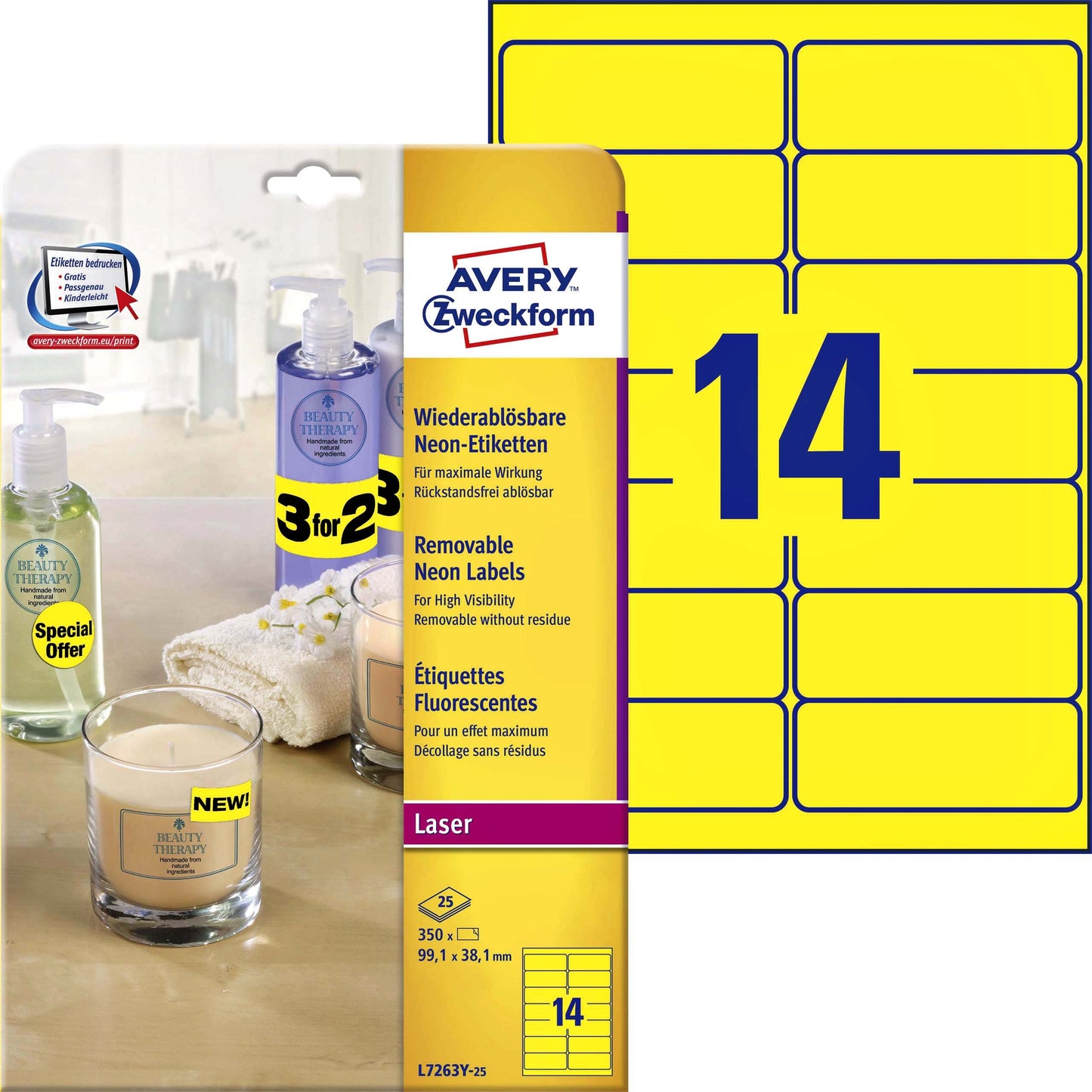 Avery - Label L7263Y-100 99,1x38,1mm giallo neon 1400 etichette
