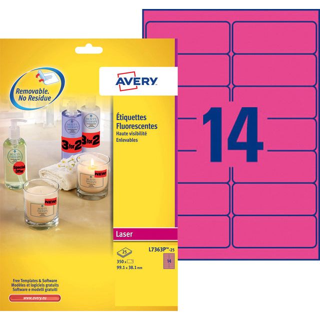 Avery - afneembare neon etiketten ft 99,1 x 38,1 mm (b x h), doos van 100 blad, 1400 stuks, neongeel