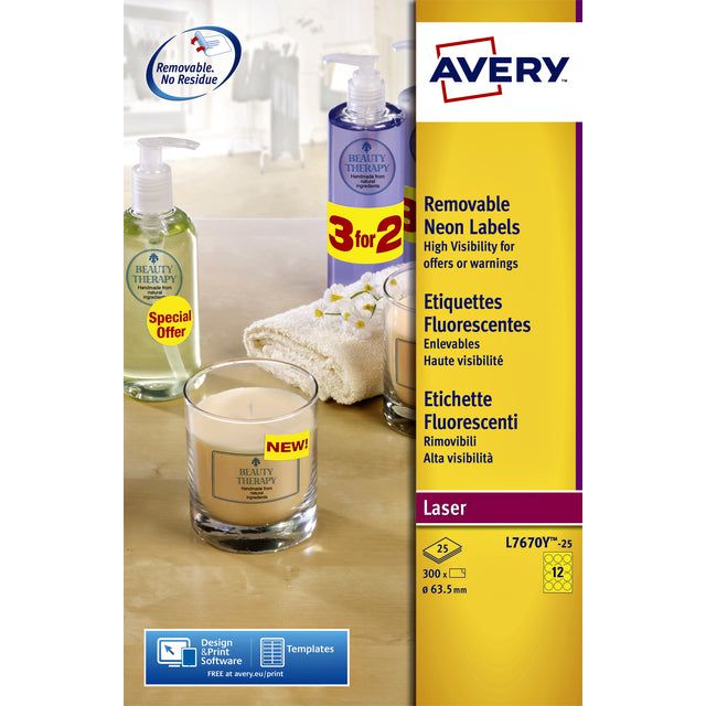 Avery - Label Avery L7670-25 63,5 mm Round Geel 300 Pieces | Pak une feuille de 25 | 5 pièces