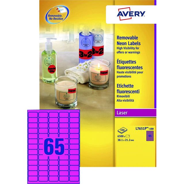 Avery - Etiket L7651PF-100 38.1x21.2mm neon roze 6500 stuks