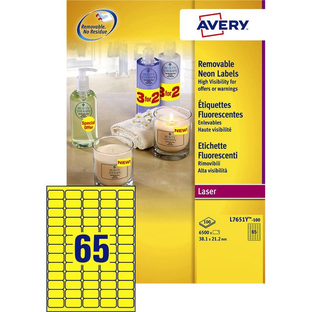 Avery - afneembare neon etiketten ft 38,1 x 21,2 mm (b x h), doos van 100 blad, 6500 stuks, neongeel