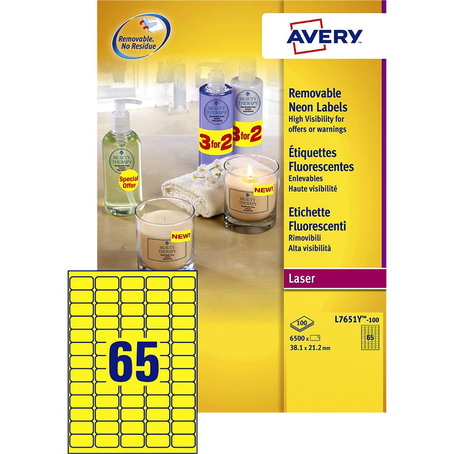 Avery - Label L7651Y-100 38,1x21,2mm giallo neon 6500 etichette