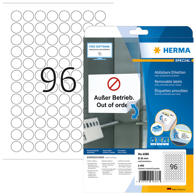 HERMA -  Etiket 4386 20mm verwijderbaar wit 2400 etiketten
