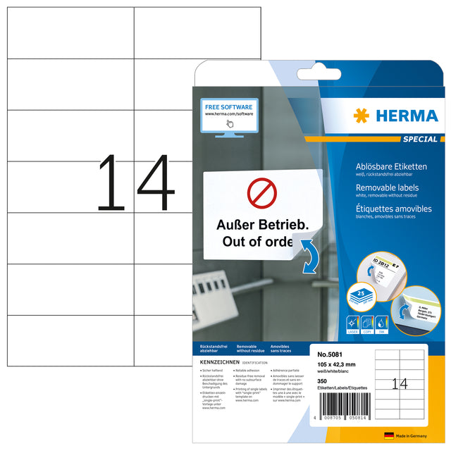 Herma - Herma 5081 105x42.3mm Etikett entfernen Sie Weiß 350st | Blasen Sie ein 25 Blatt