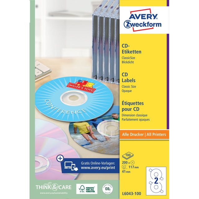 Avery Zweckform - Label Avery L6043-100 CD White 200 pièces | Boîter une feuille de 100