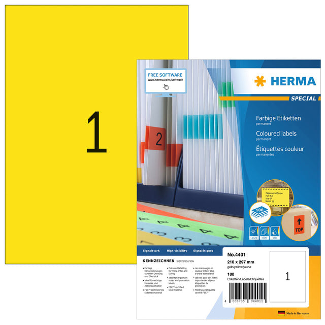 HERMA - Etiket herma 4401 210x297mm a4 geel 100 stuks