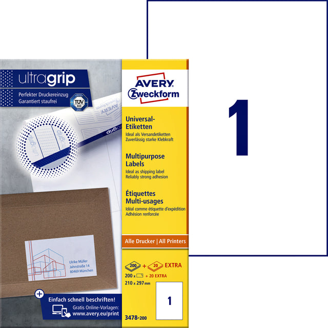 Avery Zweckform - Label AZ 3478 210x297mm A4 blanc 200 pièces | Box une feuille de 200