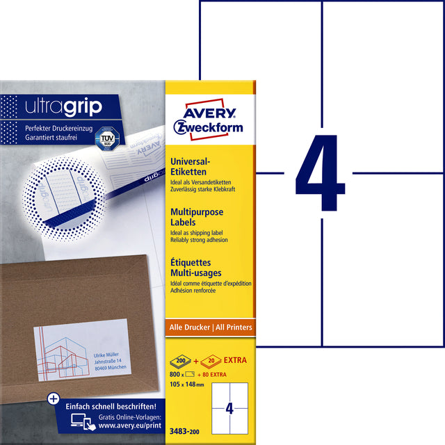 Avery Zweckform - Label AZ 3483 105x148mm A6 White 800 Pieces | Box une feuille de 200