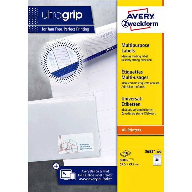 Avery Zweckform - Zweckform 3651-2, Universal Labels, Ultragrip, blanc, 200 feuilles, 40 par feuille, ft 52,5 x 29,7 mm