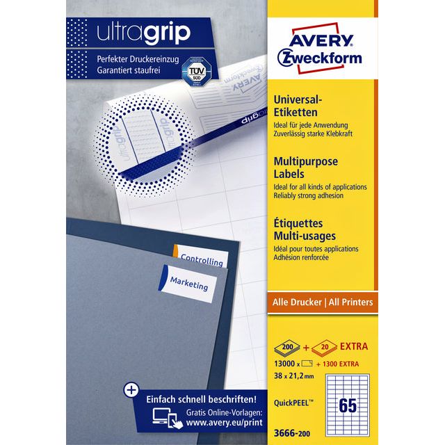 Avery Zweckform - Label AZ 3666 38x21.2 mm blanc 13000 pièces | Box une feuille de 200