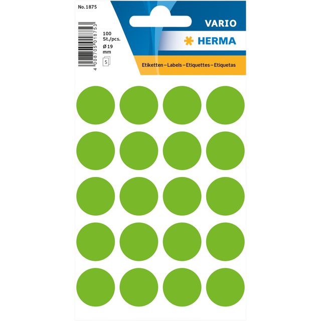 HERMA -  Etiket  1875 rond 19mm groen 100st | 10 stuks