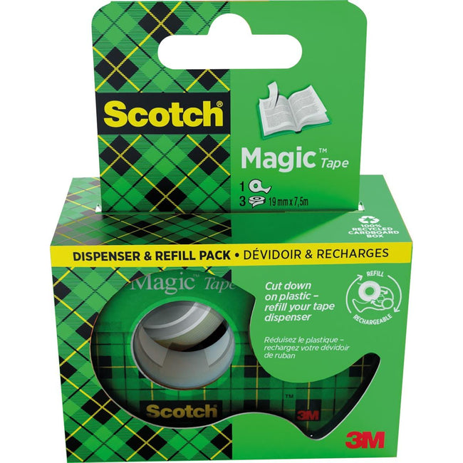 Scotch -  Magic e plakband ft 19 mm x 7,5 m, dispenser + 3 rolletjes, ophangbaar doosje