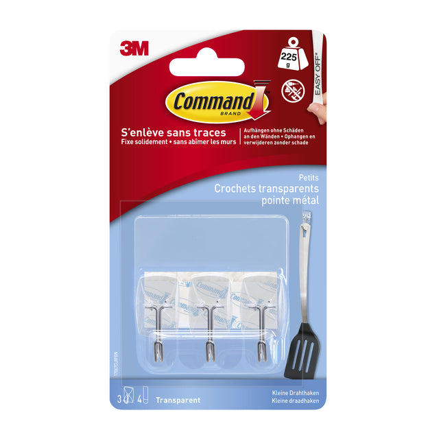 Command - decohaak, small, draagvermogen 225 gram, transparant met metalen draadeinde, blister van 3 stuks