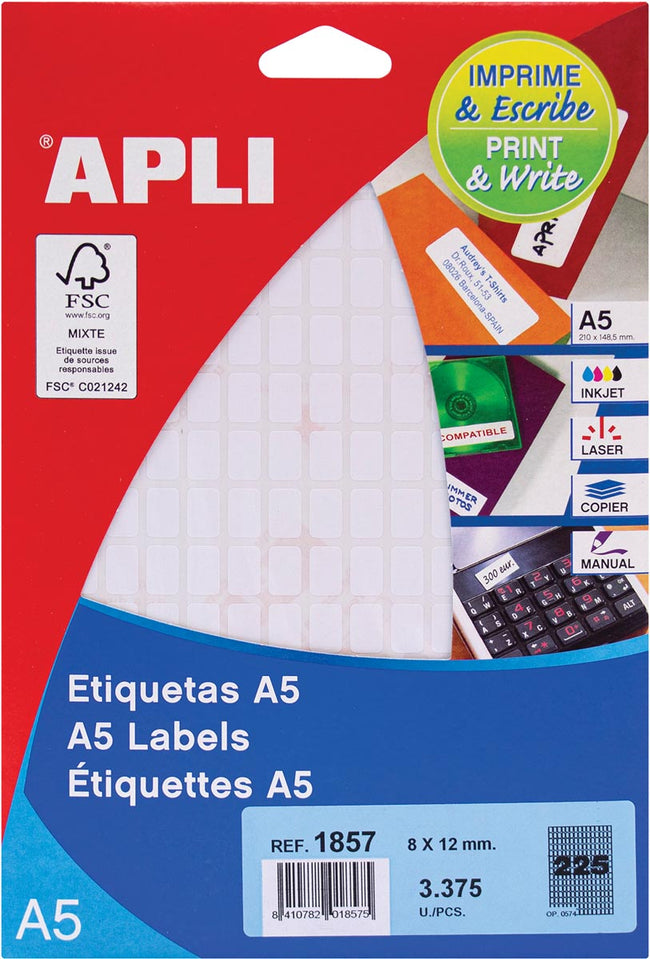 Apli -  witte etiketten Print Write ft 8 x 12 mm (b x h), 3.375 stuks, 225 per blad (1857)