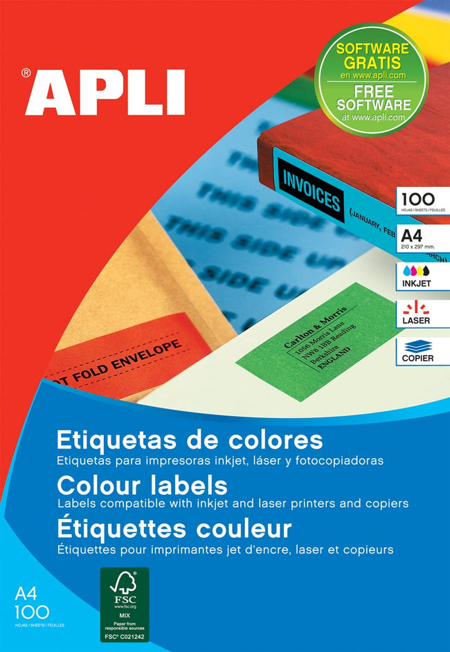 Apli -  Gekleurde etiketten ft 105 x 37 mm (b x h), geel, 1.600 stuks, 16 per blad, doos van 100 blad