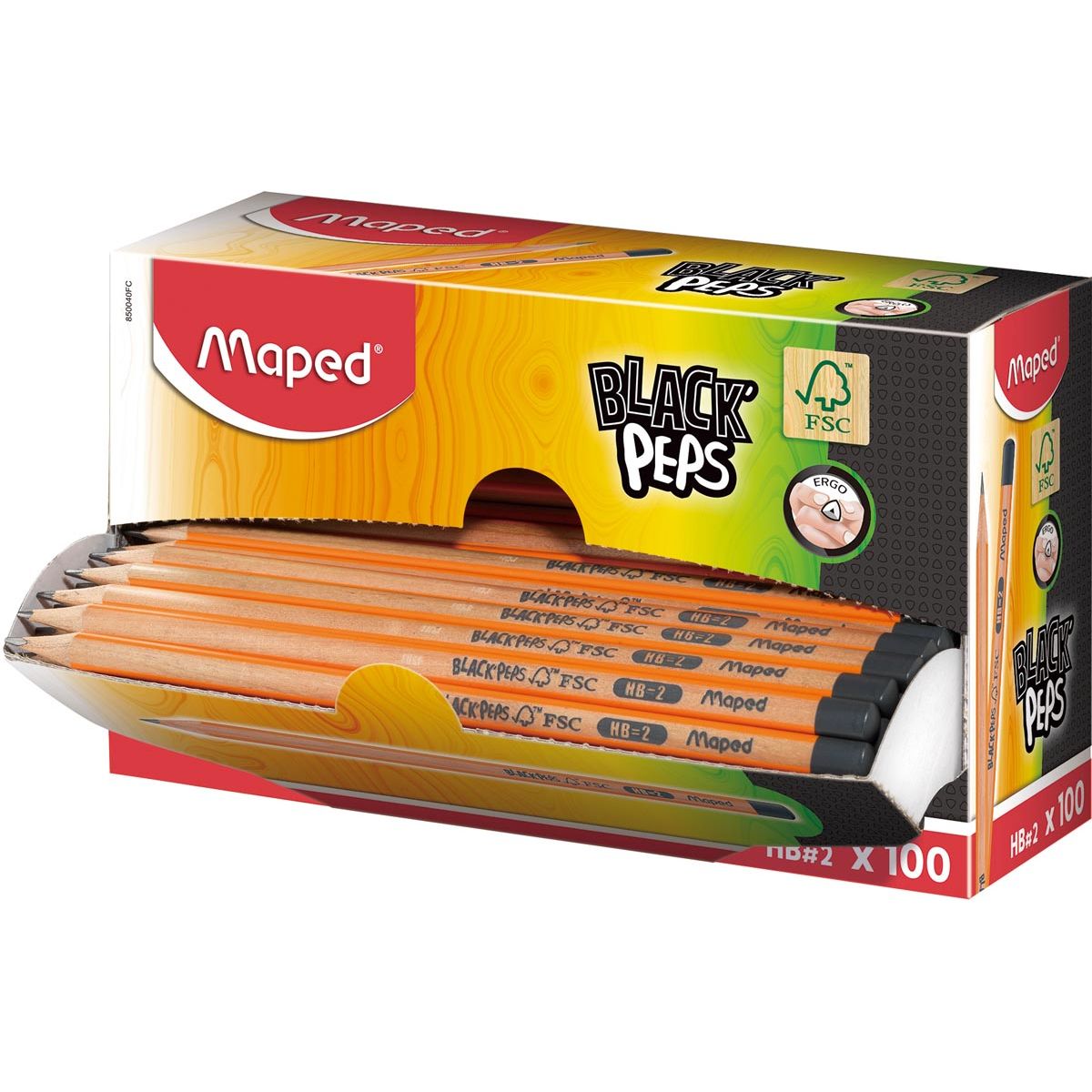 Maped - Matita Black'Peps HB, senza gomma, espositore in cartone da 100 pezzi