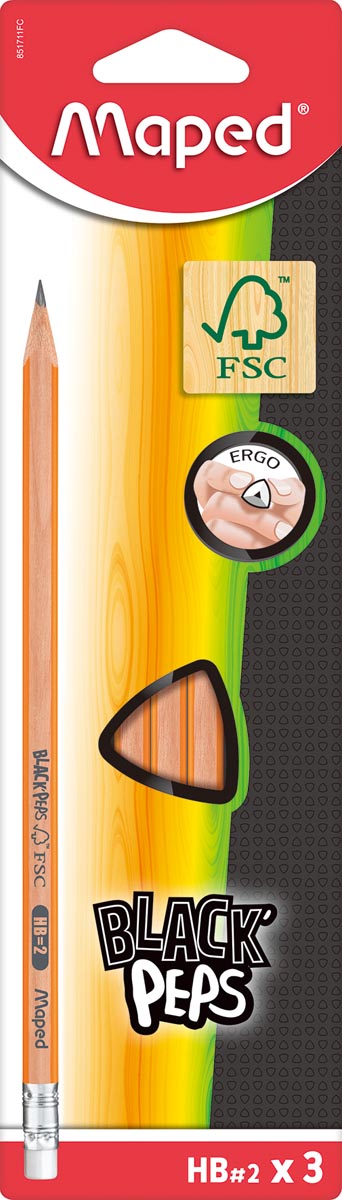 Maped -  potlood Black'Peps HB, met gum, kartonnen ophangetui met 3 stuks