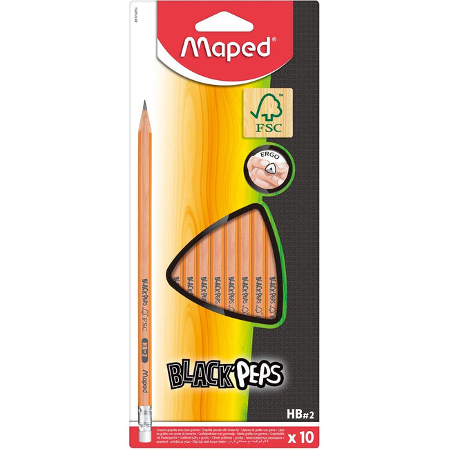 Maped - Black'Peps potlood HB, met gum, kartonnen ophangetui met 10 stuks