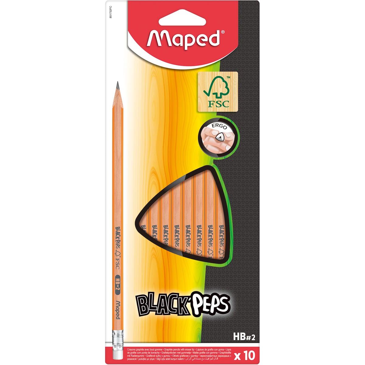 Maped - Matita Black'Peps HB, con gomma, custodia in cartone da 10 pezzi