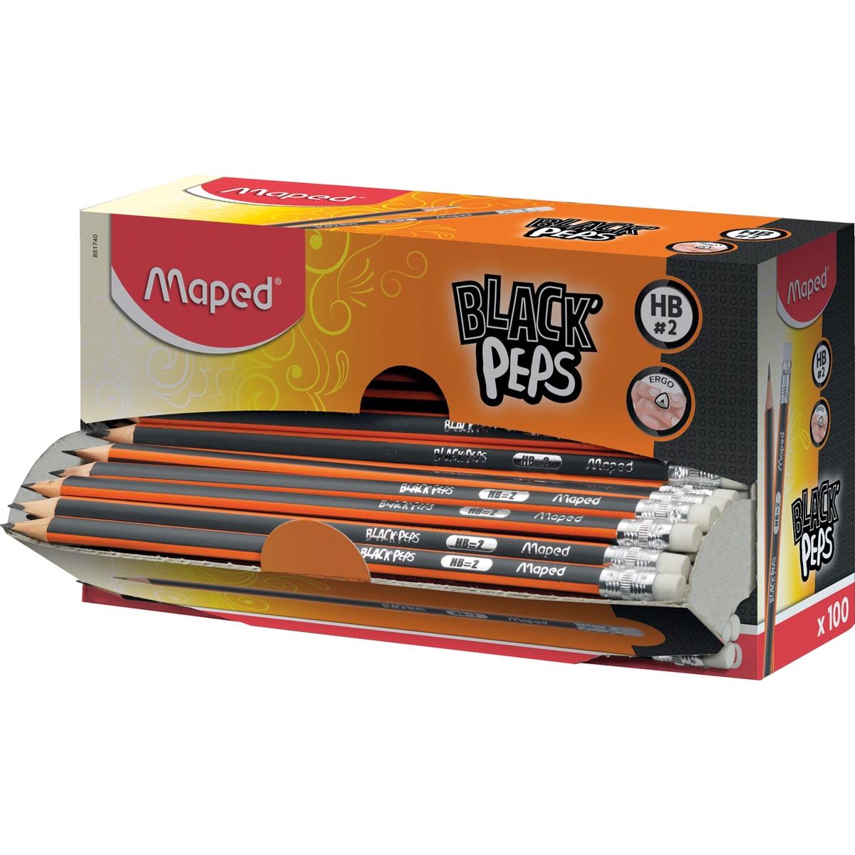 Maped - potlood Black'Peps HB, met gum, kartonnen displaydoos van 100 stuks