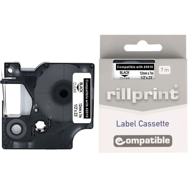 Rillprint - compatible D1 e para 45010, 12 mm, negro sobre transparente
