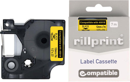 Rillprint - compatible D1 e pour 45018, 12 mm, noir sur jaune