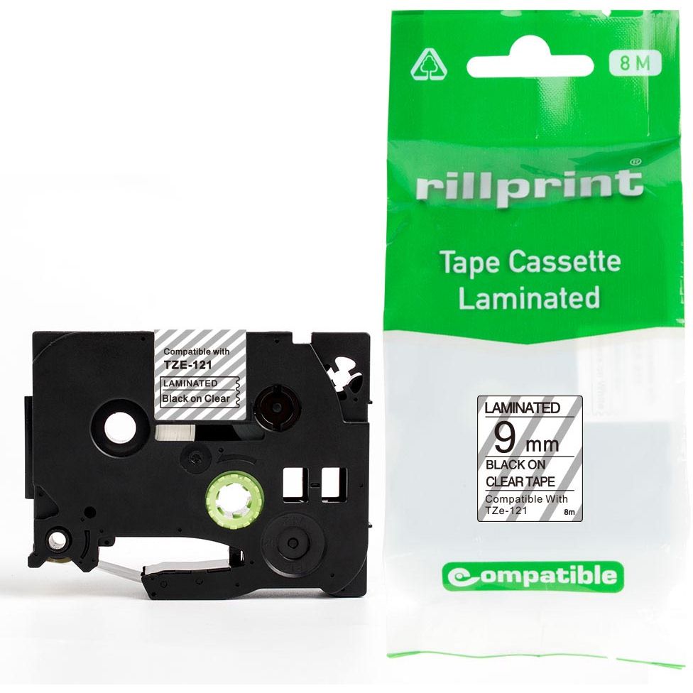 Rillprint – kompatibler TZe e für TZe-121, 9 mm, schwarz auf transparent