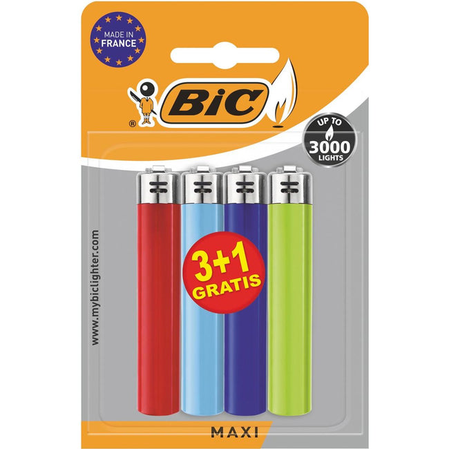 Bic - BIC Maxi vuursteen aansteker, geassorteerde kleuren, blister van 3 + 1 gratis